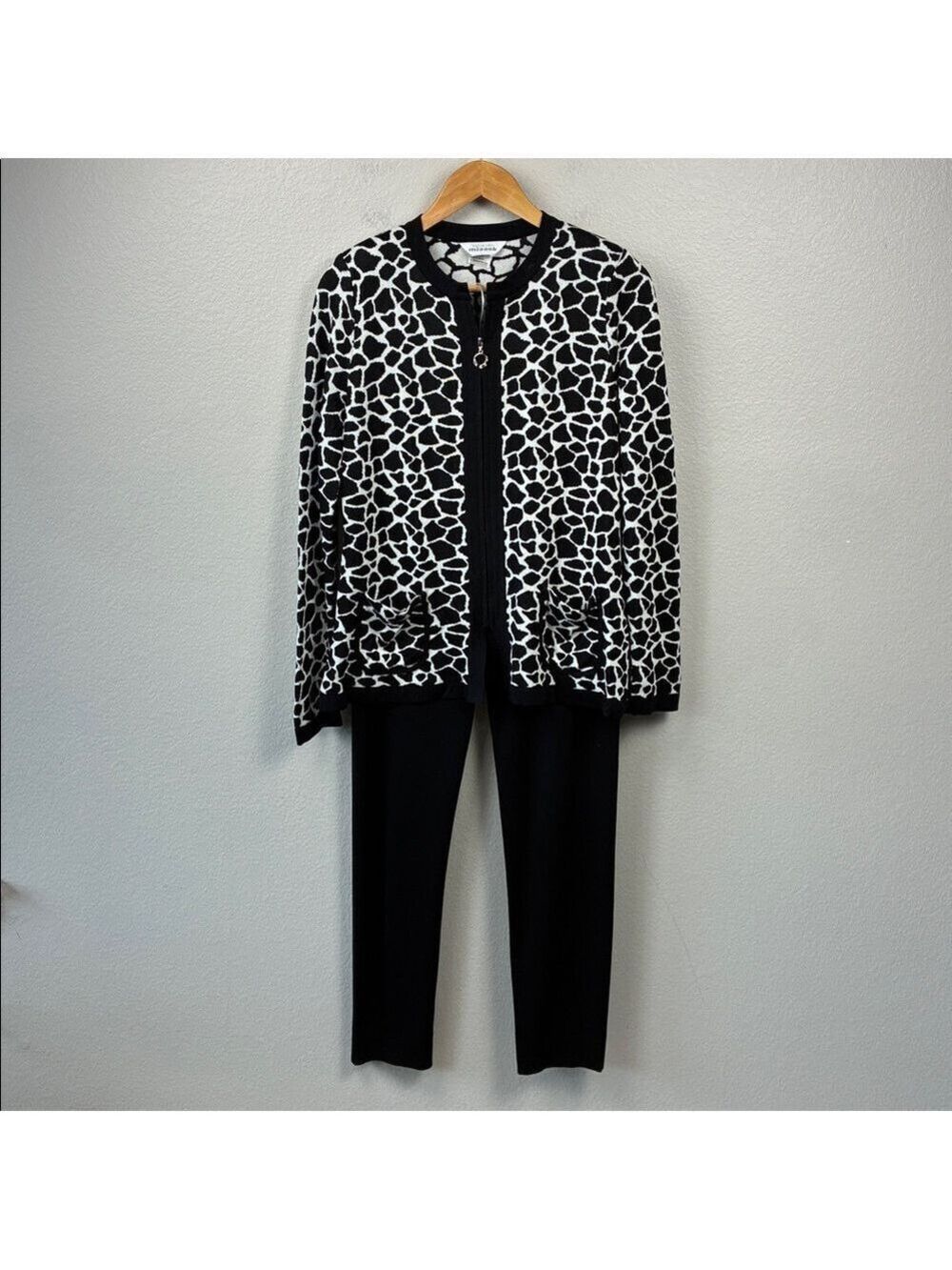 Misook Sweater Pants SET Black Animal Print Zip Cardigan Knit Jacket Vintage  M